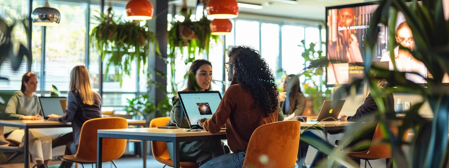 a modern office space features diverse employees engaged in a lively video conference, capturing the essence of connectivity and work-life integration through vibrant screens and dynamic interactions.
