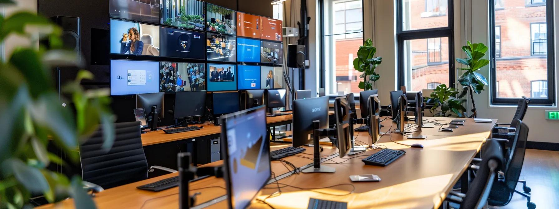 a modern office space showcases diverse teleconferencing setups on sleek desks, featuring high-tech screens displaying virtual meetings, illustrating the evolution of digital communication.