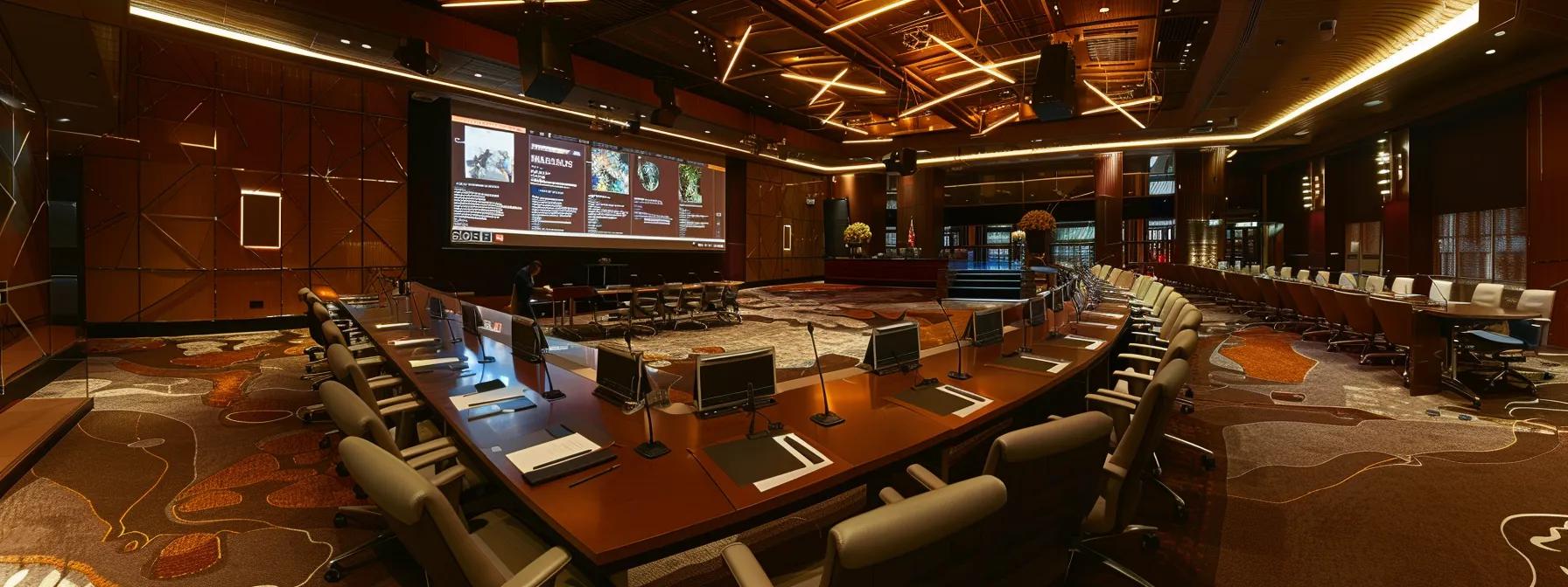 a polished conference room filled with a sleek, modern table and multimedia setups, showcasing a large, visually engaging meeting outline on a digital screen, emphasizing clarity and structure in a professional setting.