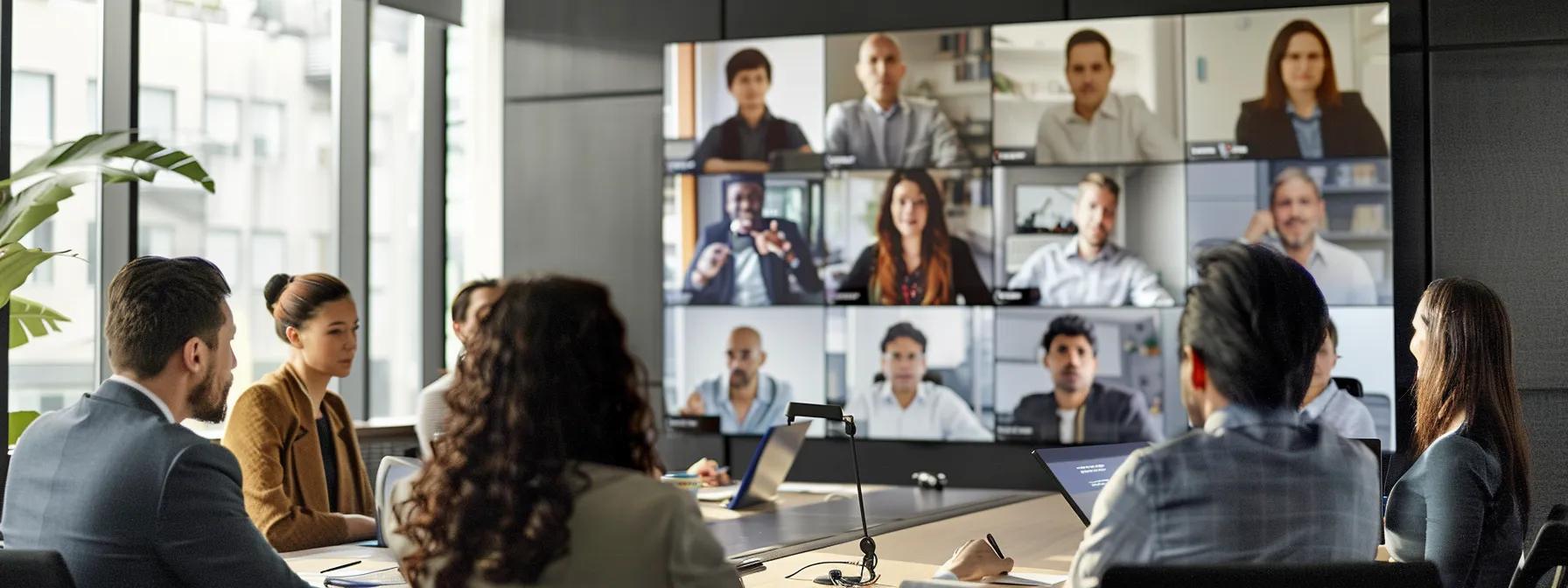 a professional office environment showcases a sleek video conferencing setup, featuring a large screen displaying diverse team members engaged in discussion, emphasizing the theme of significant cost savings through effective remote collaboration.