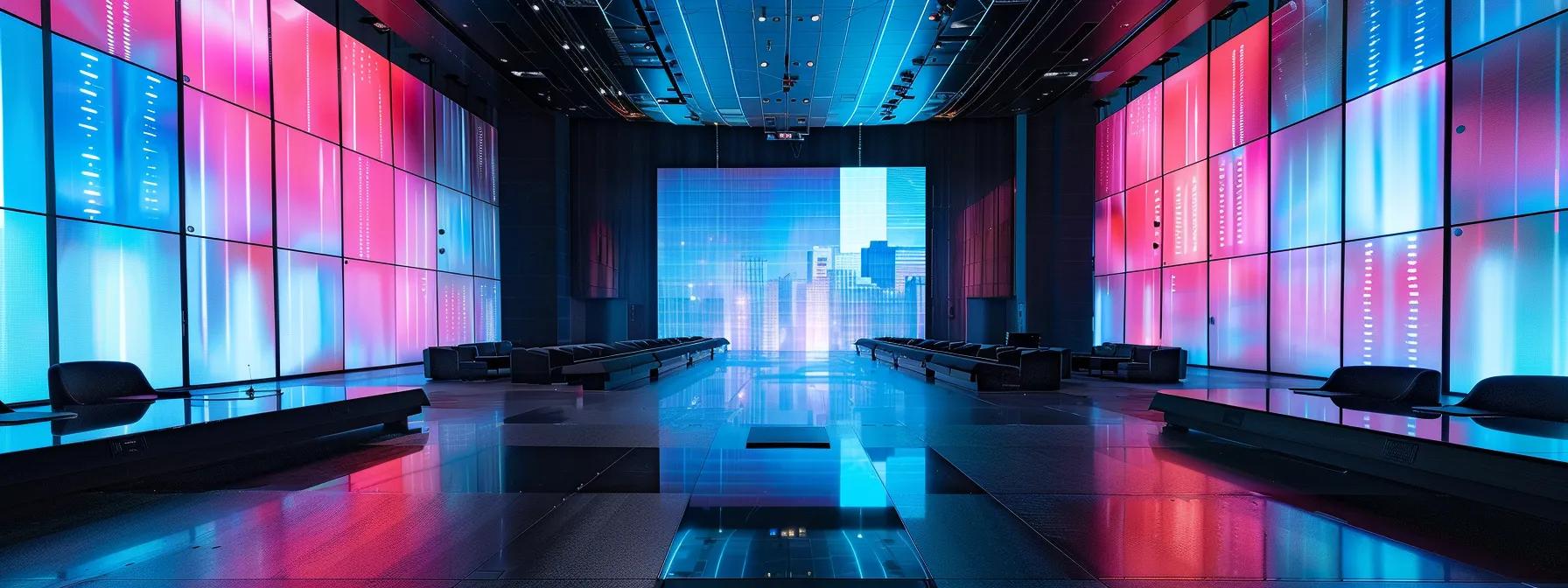 a sleek conference room filled with a large, polished table showcases an array of colorful customizable meeting agenda templates prominently displayed on digital screens, emphasizing the versatility and professionalism required for effective meetings across various organizational levels.