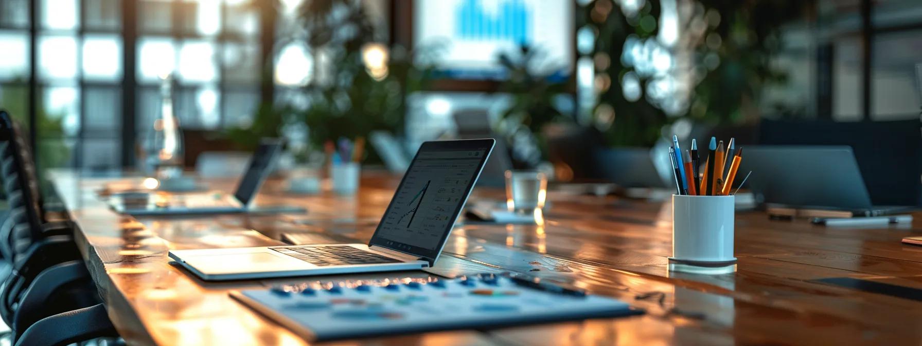a sleek, modern conference room with a large, polished wooden table set for a meeting, featuring organized digital devices and a prominently displayed template on a screen, conveying a sense of professionalism and structured collaboration.