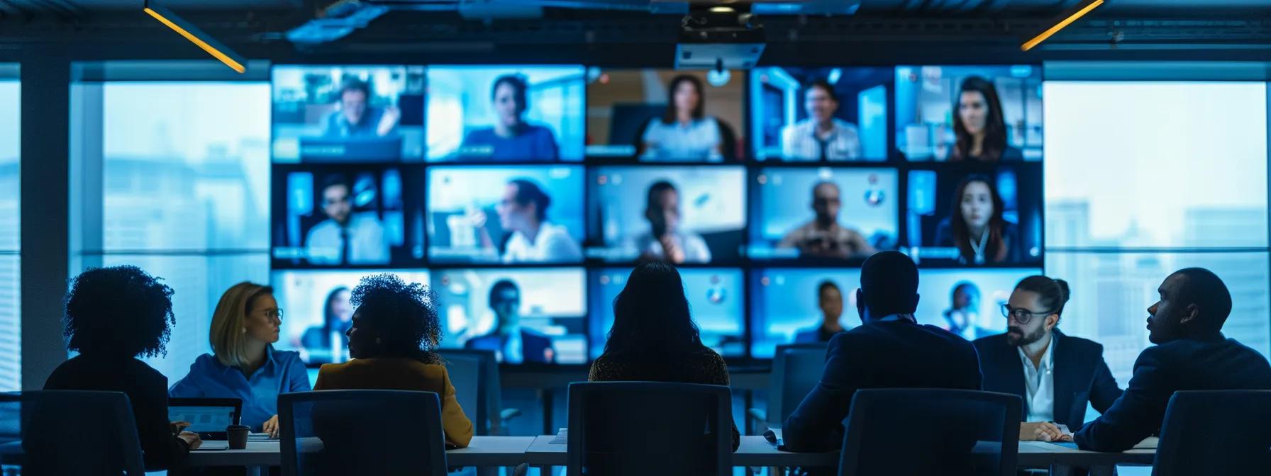 a sleek, modern office setting showcases a diverse group of professionals engaged in a vibrant online meeting, with multiple screens displaying faces and data, illuminated by the warm glow of ambient lighting.