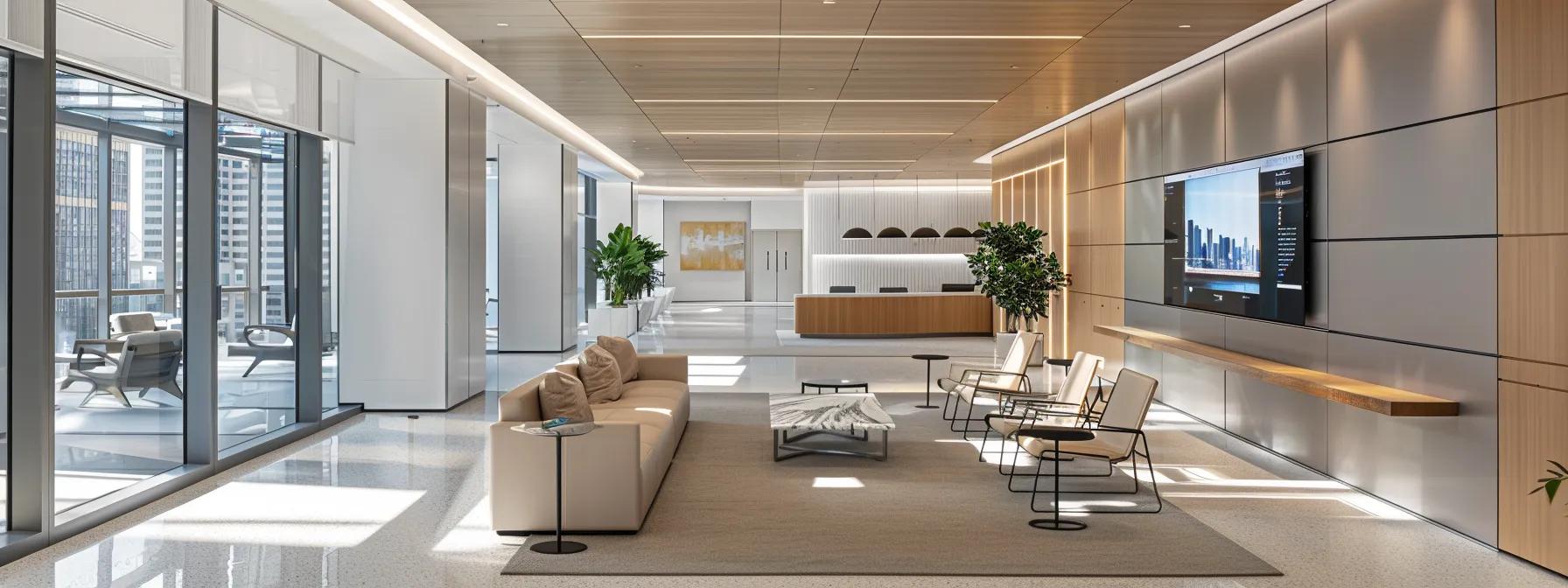 a sleek modern office with multiple high-resolution screens displaying dynamic teleconference sessions, showcasing advanced technology in seamless audio-visual communication amidst a professional atmosphere.