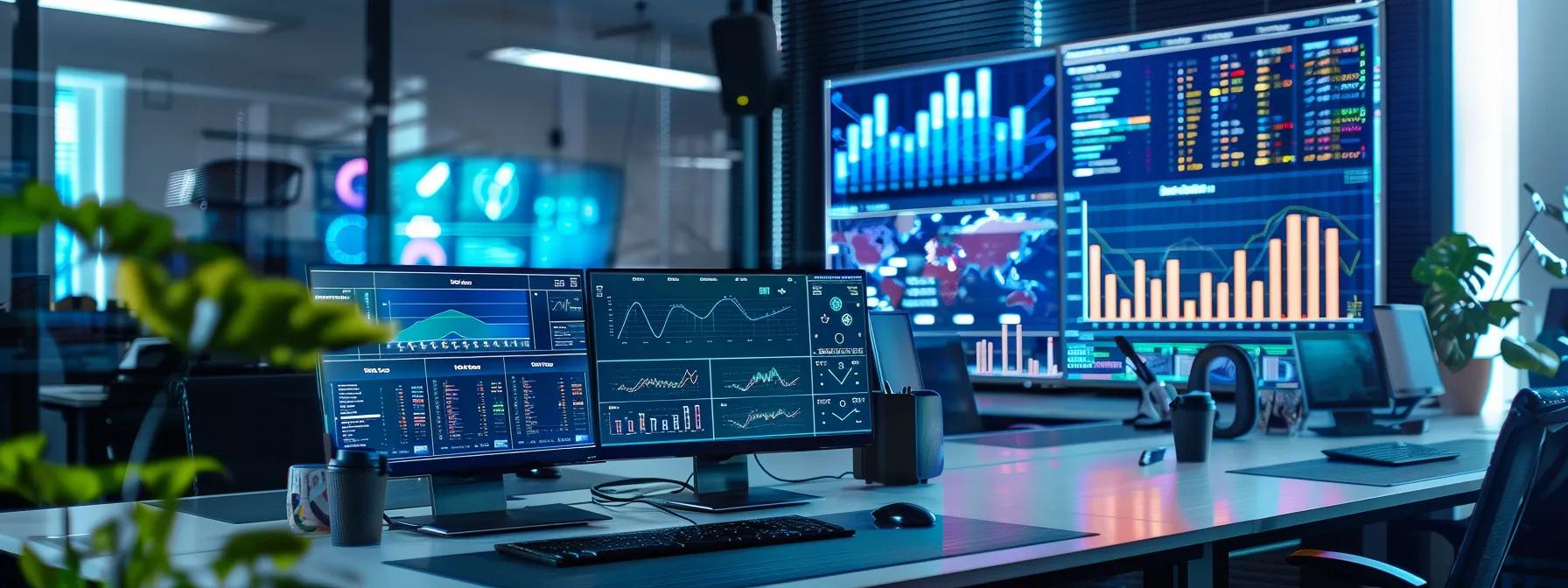 a dynamic office workspace features a sleek digital dashboard displaying vivid analytics and performance metrics from a virtual classroom, highlighting student engagement and learning trends in a modern, interactive environment.