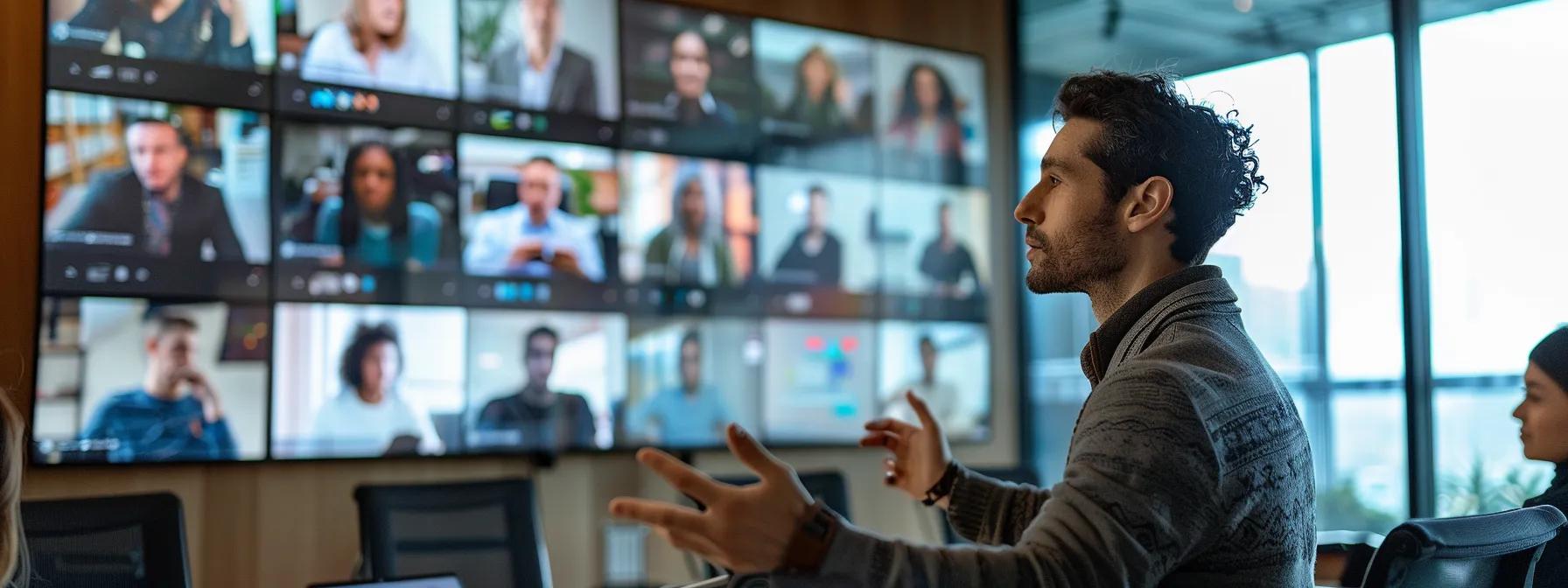 a dynamic virtual team meeting is portrayed in a sleek, modern office environment, showcasing engaged team members on screens, with a facilitator using a digital whiteboard to enhance interaction and connection among participants.