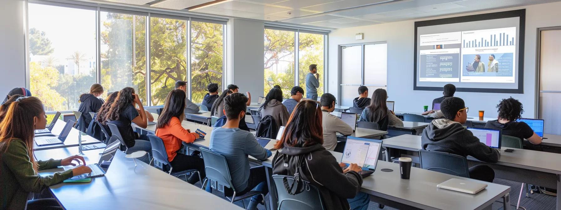 a modern classroom bustling with diverse students engaged with sleek laptops and tablets, while an instructor uses an interactive ai dashboard displaying real-time analytics and feedback, showcasing the dynamic evolution of online teaching platforms.