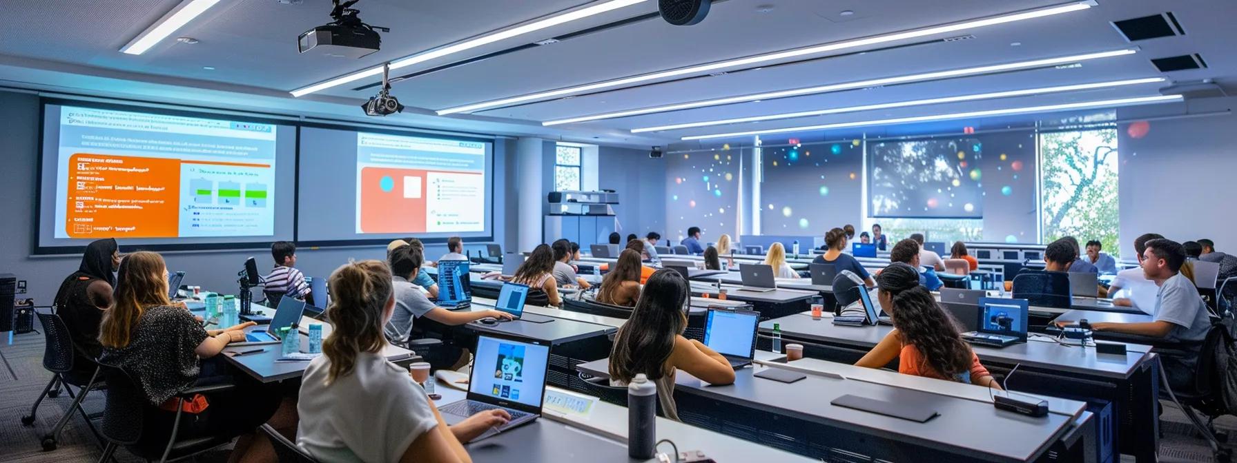 a modern classroom filled with engaged students sitting at sleek desks equipped with laptops, while a dynamic instructor presents interactive virtual content on a large digital screen, all under bright, focused artificial lighting.