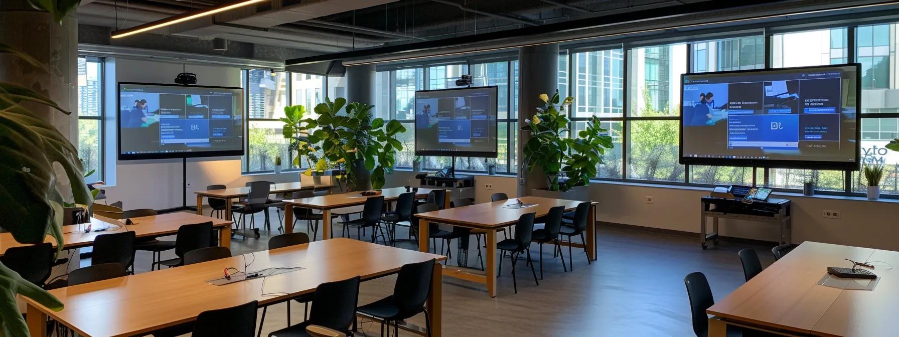 a modern office space showcases a sleek, high-tech virtual classroom setup with multiple screens displaying zoom, google meet, and microsoft teams interfaces, highlighting the dynamic interactions of online learning and collaboration.