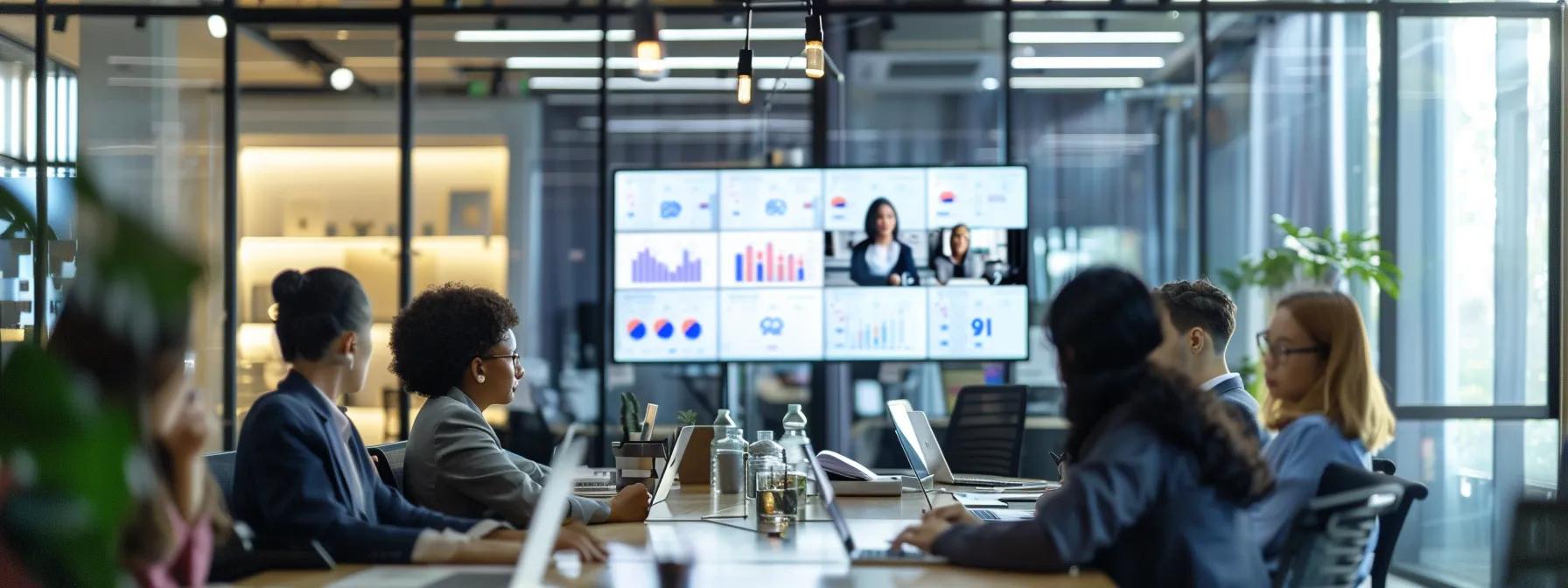 a modern office space showcases a diverse virtual team engaged in a dynamic video conference, with vibrant screens displaying active participation metrics and digital analytics reports that emphasize their collaborative spirit and productivity.