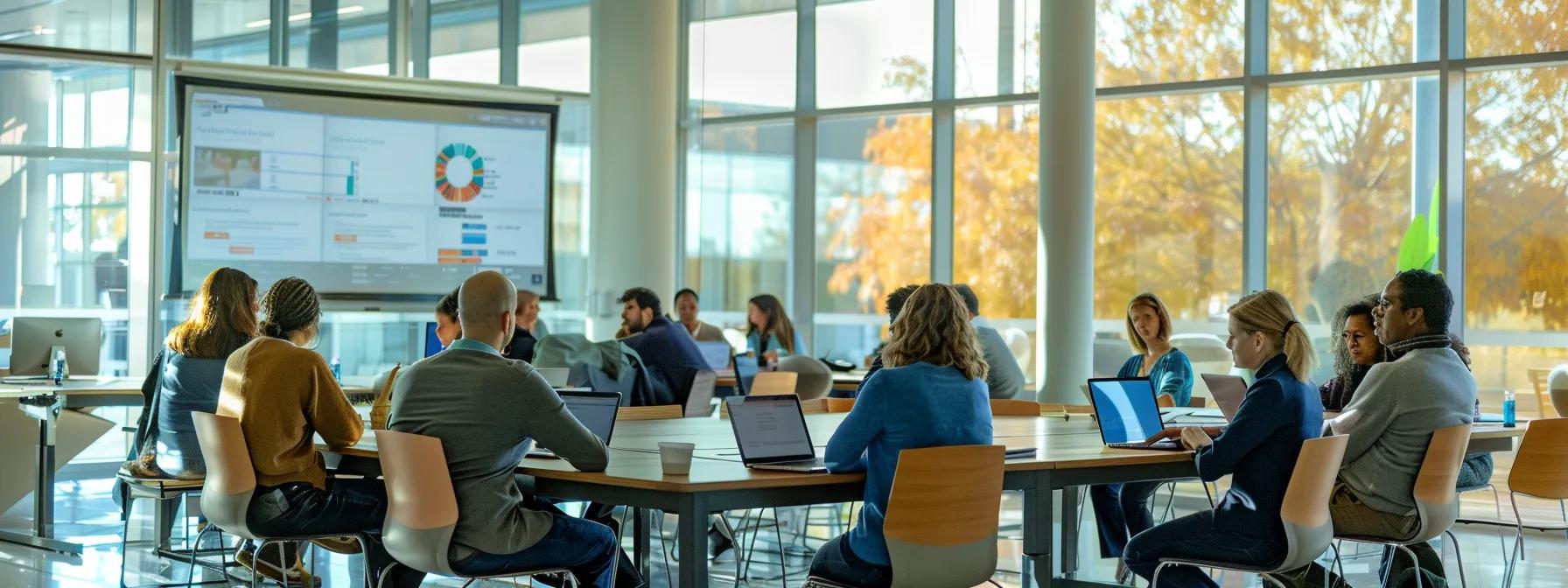 a modern, well-lit office space showcases a diverse group of educators engaged in a lively discussion around a large conference table, equipped with laptops and digital security information displayed on screens, emphasizing the critical importance of secure online applications and privacy measures in education.