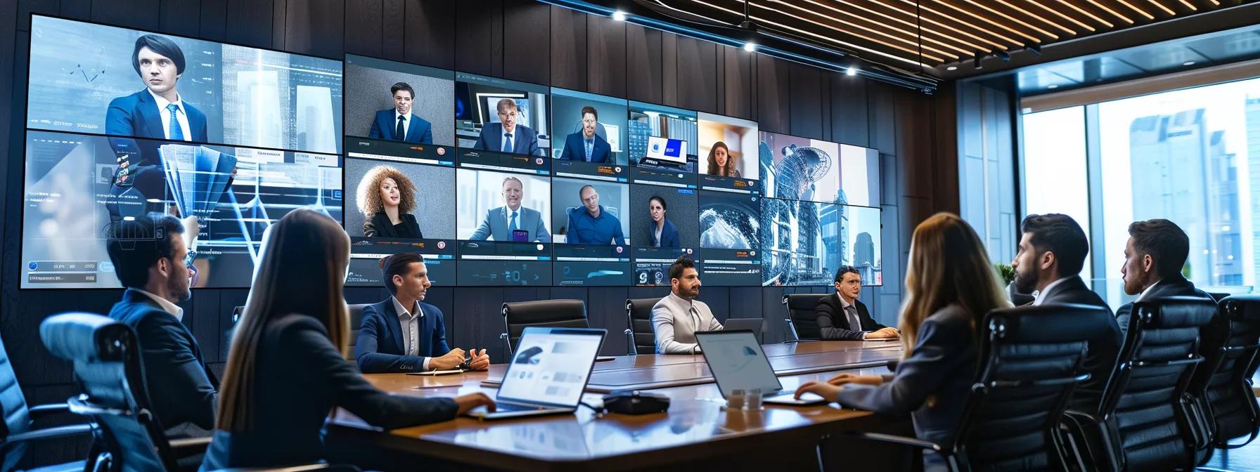 a sleek, modern conference room filled with professionals engaged in a video call, showcasing a large screen displaying high-quality video feeds while a user-friendly interface highlights recording options and playback features.