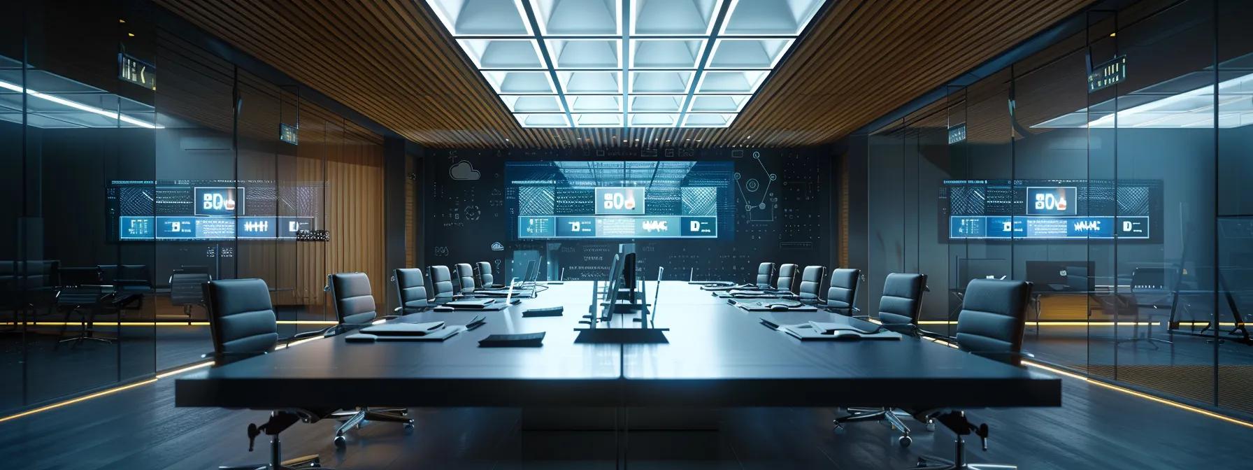 a sleek, modern conference room is illuminated by soft overhead lighting, featuring a large screen displaying secure video call recordings, with digital security icons subtly integrated into the background to emphasize the theme of protection and compliance.