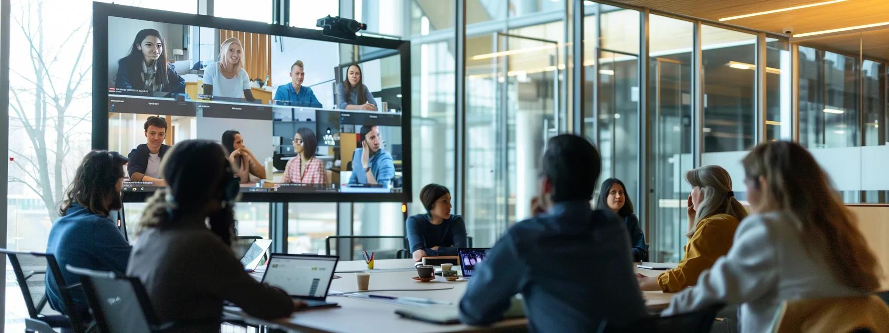 a vibrant virtual team meeting is depicted on a large screen in a modern office setting, showcasing diverse participants engaged in dynamic discussions and interactive activities, emphasizing connectivity and collaboration despite geographical distances.