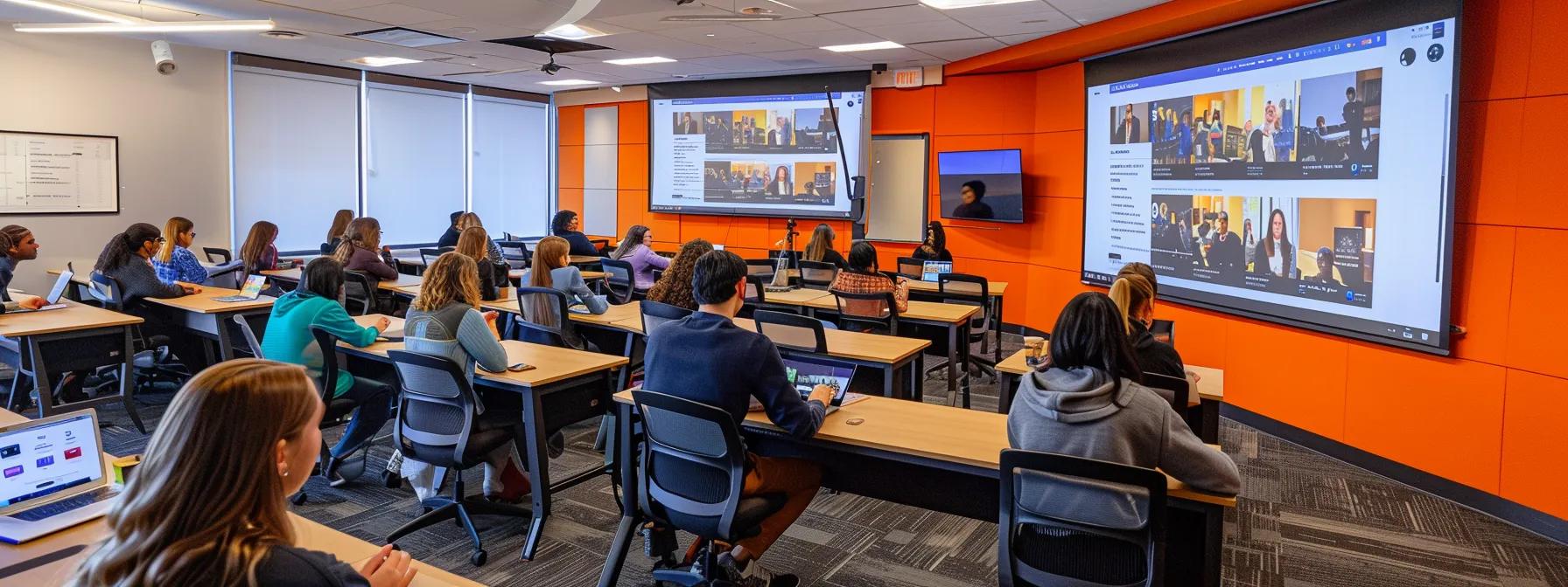 an engaging virtual classroom filled with vibrant, interactive digital tools, showcasing educators facilitating dynamic discussions and collaborative activities among diverse students on sleek laptops and tablets.