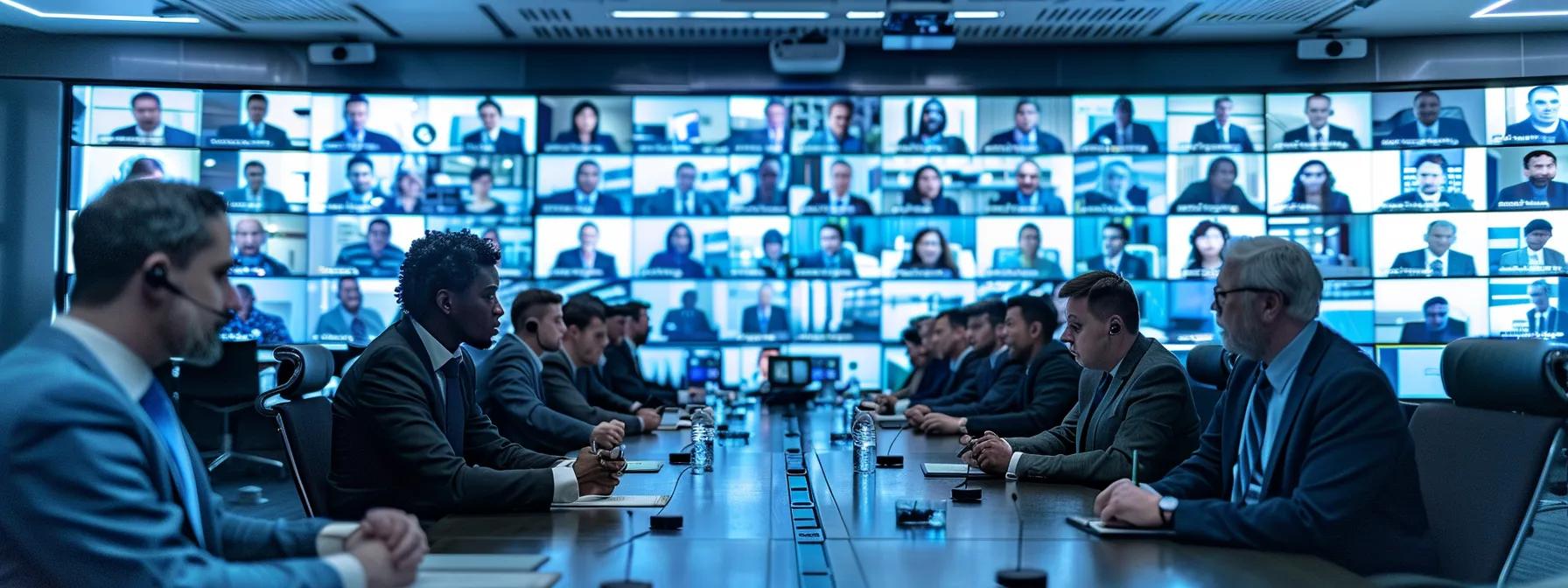 a dynamic conference room filled with engaged professionals, gathered around a sleek table, attentively interacting on large screens displaying vibrant video feeds, conveying the energy and effectiveness of collaborative communication through advanced video conferencing tools.