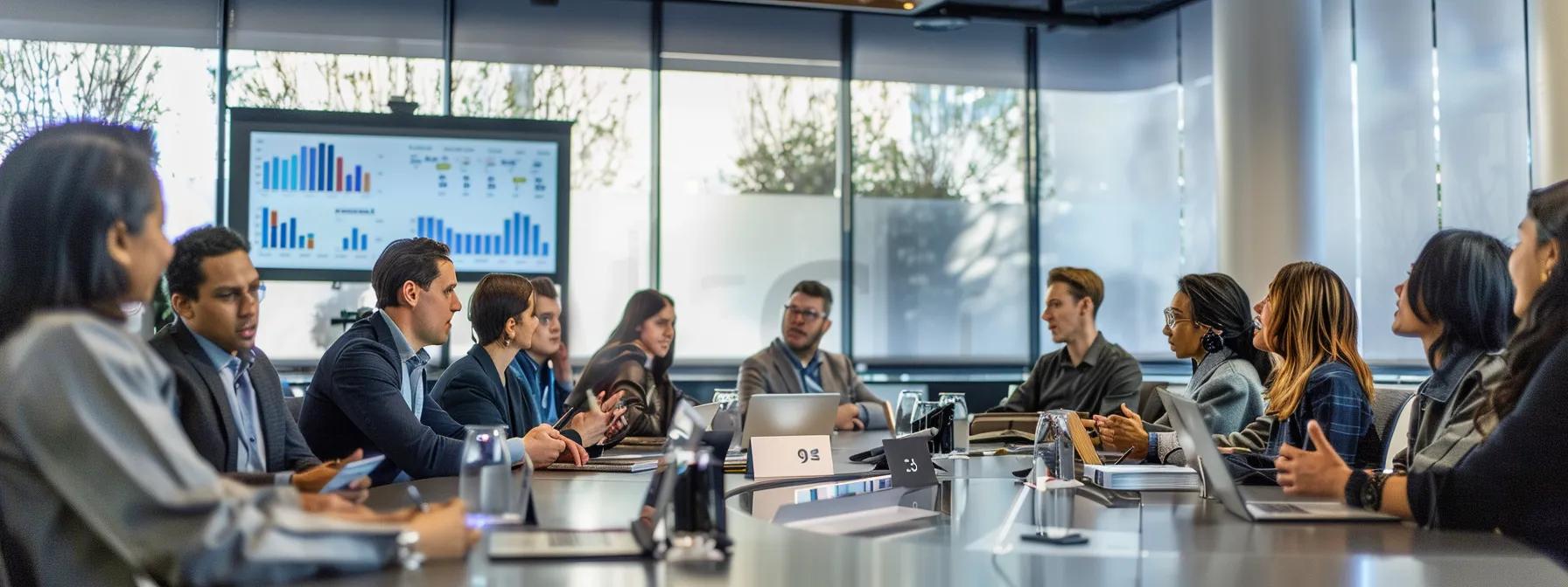 a dynamic conference room filled with engaged panelists at a sleek table, animatedly discussing various topics while a projector displays key points on a large screen, capturing the tension of a compelling panel presentation.