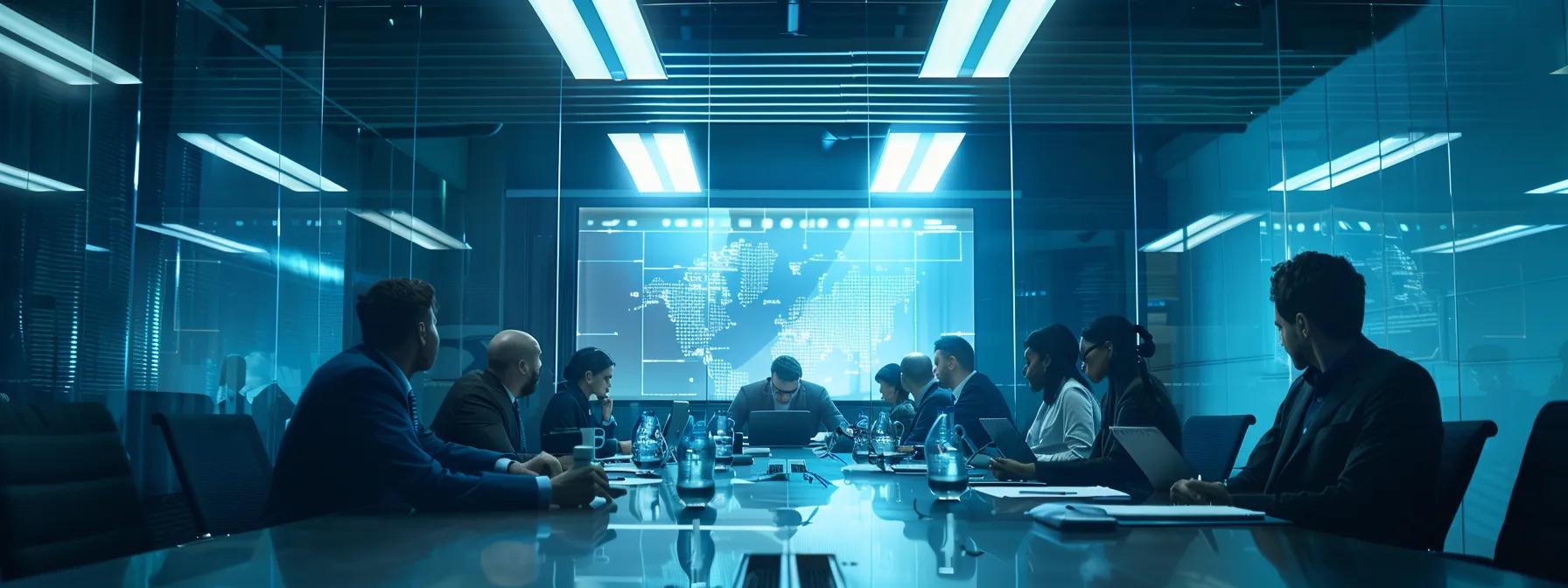 a dynamic office meeting room filled with engaged professionals brainstorming around a sleek, modern conference table, illuminated by bright overhead lights, as a digital presentation showcasing innovative ideas is projected on a large screen.