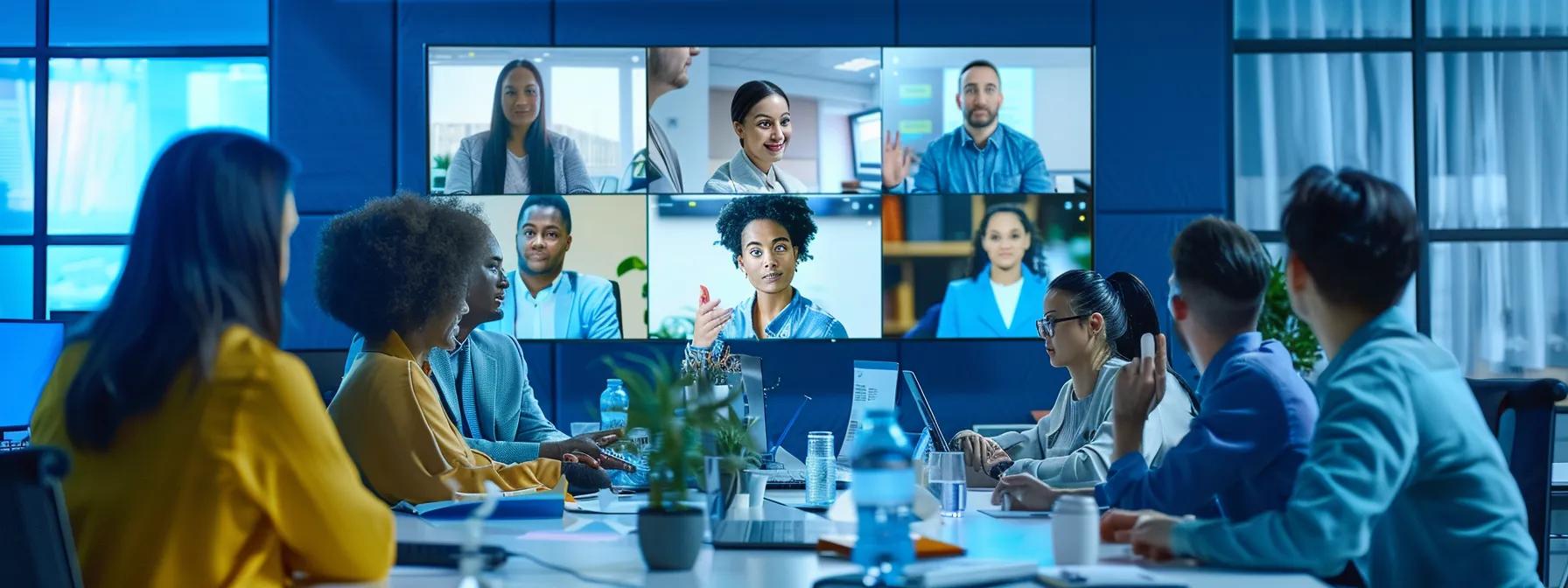 a dynamic office setting showcases a diverse group of professionals engaging in an interactive video conference, with vibrant screens displaying real-time collaboration tools, exuding a sense of enhanced productivity and streamlined decision-making.