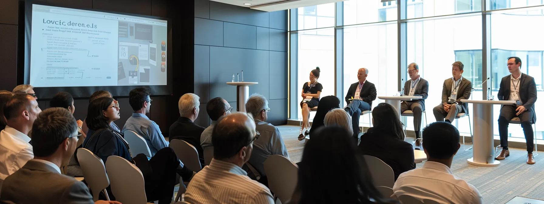 a dynamic panel discussion unfolds in a modern, urban conference room, showcasing a diverse group of experts passionately engaged in an interactive debate with a sleek projector screen displaying real-time data and insights in the background.