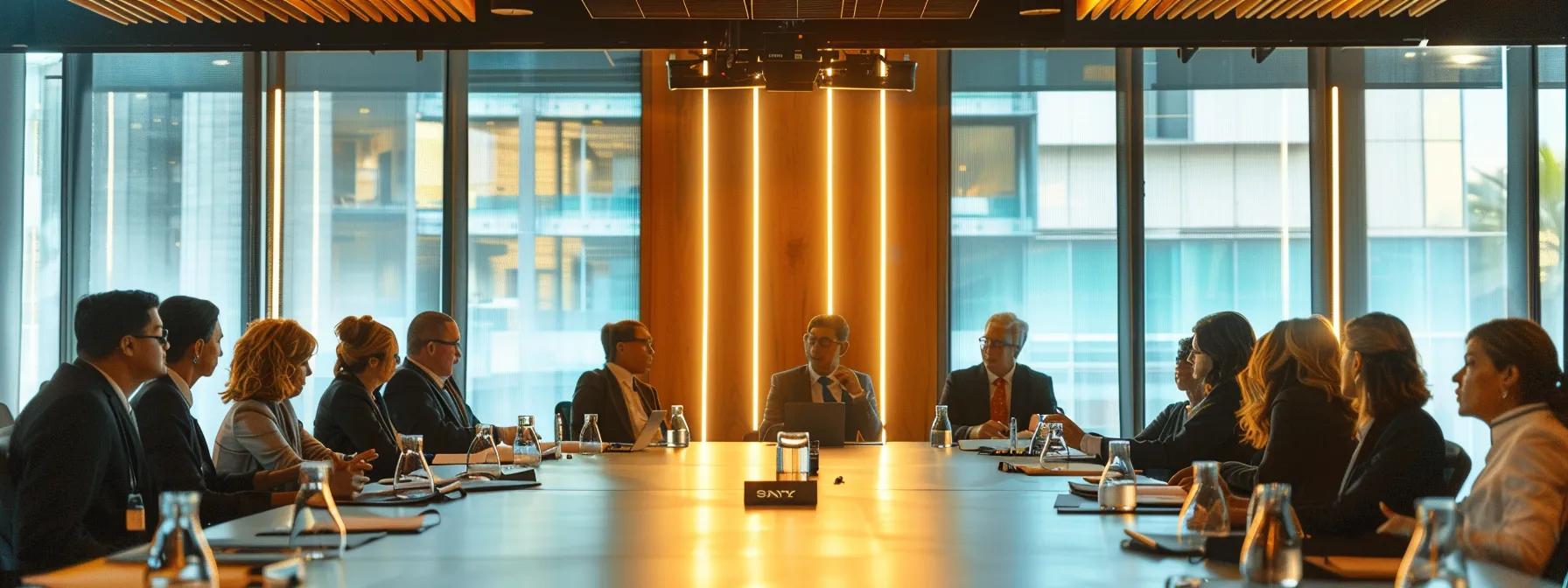 a dynamic panel discussion in a modern conference room, featuring a poised moderator at the forefront, engaging a diverse group of panelists seated around a sleek, polished table, all illuminated by focused spotlights, emphasizing the energy and collaboration of the event.
