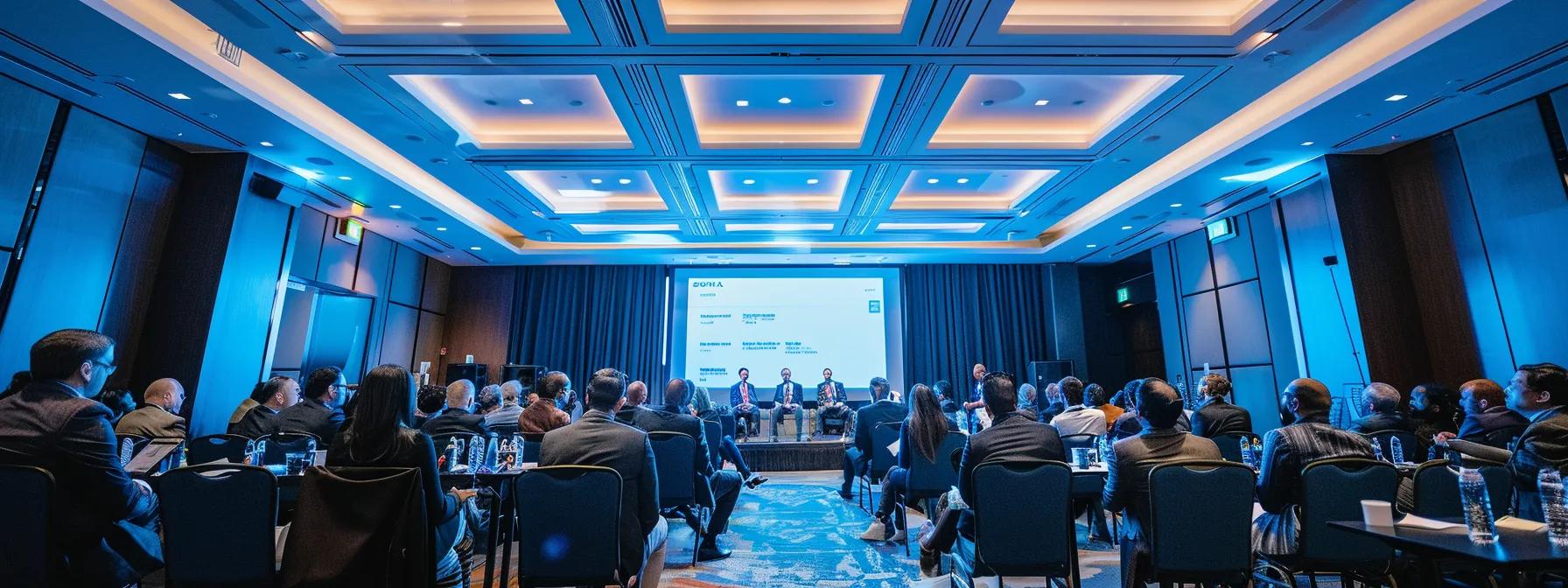 a dynamic panel discussion takes place in a modern conference room, where a diverse group of experts engages in lively conversation under focused ceiling lights, while an audience interacts through digital polling displayed on a large screen.