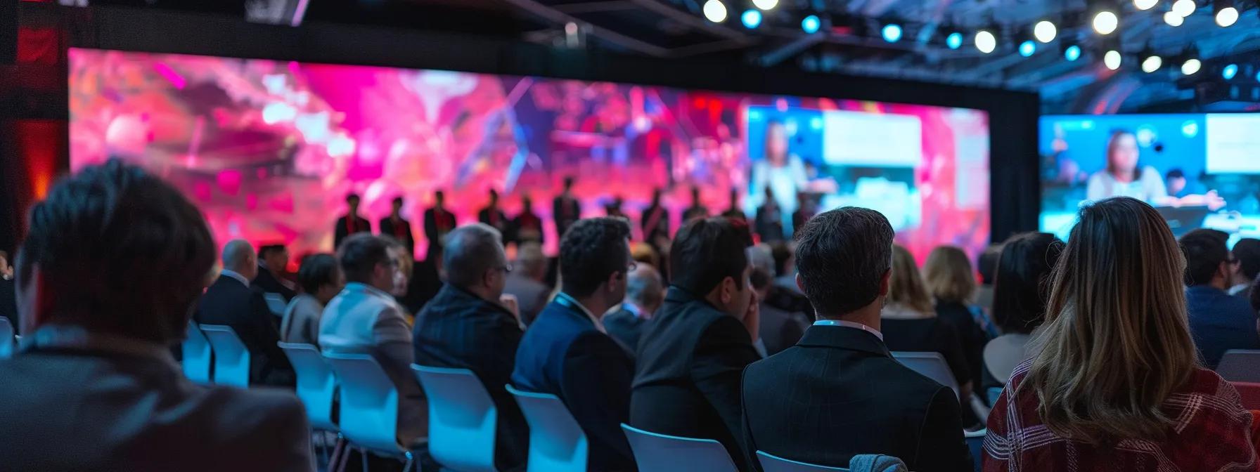 a dynamic urban conference room buzzes with energy as a diverse panel of experts engages in a lively discussion, surrounded by an attentive audience and vibrant digital screens displaying real-time interaction and audience questions.