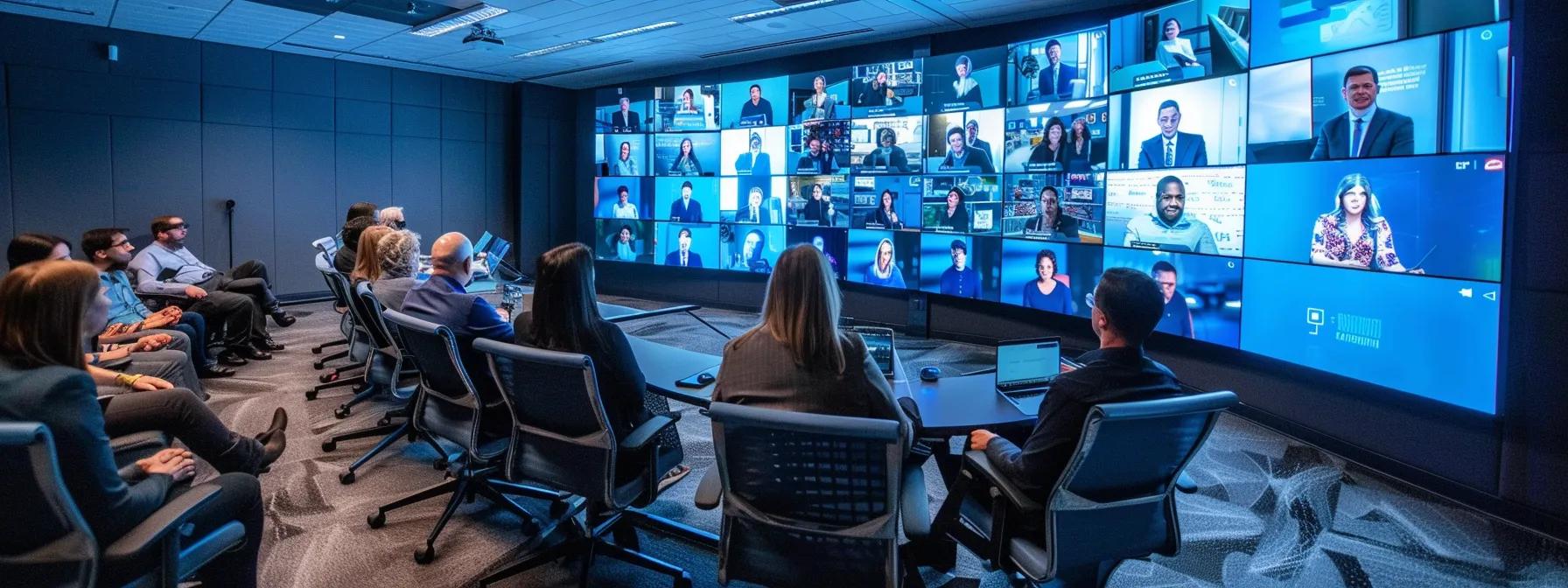 a modern office conference room is bustling with professionals engaged in a high-tech teleconference, featuring sleek monitors displaying remote participants and digital collaboration tools, illuminated by focused artificial lighting that emphasizes the dynamic interaction.