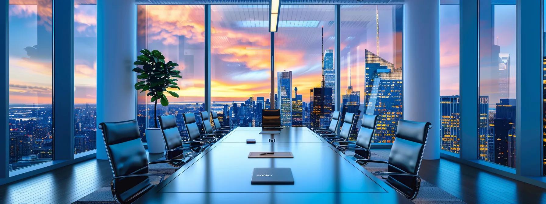 a modern office conference room, featuring sleek technology and a polished table set up for a teleconference, emphasizes a professional environment with focused lighting and a panoramic view of a bustling city skyline through the large windows.