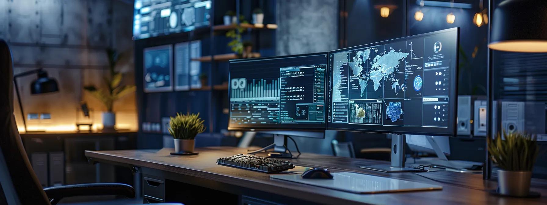 a modern office workspace featuring a sleek computer setup displaying an active high-definition teleconferencing interface, illuminated by strategic lighting that highlights seamless software navigation and advanced security features.