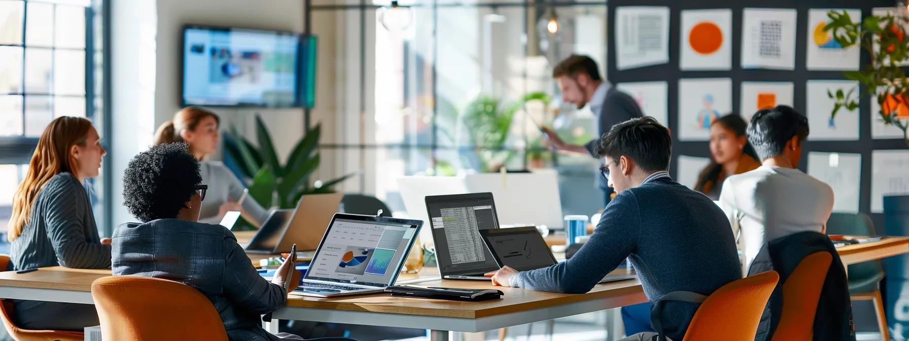 a modern office workspace features educators engaged in a dynamic discussion, surrounded by sleek laptops displaying various online teaching platforms, emphasizing the evaluation of technical features and user interfaces.