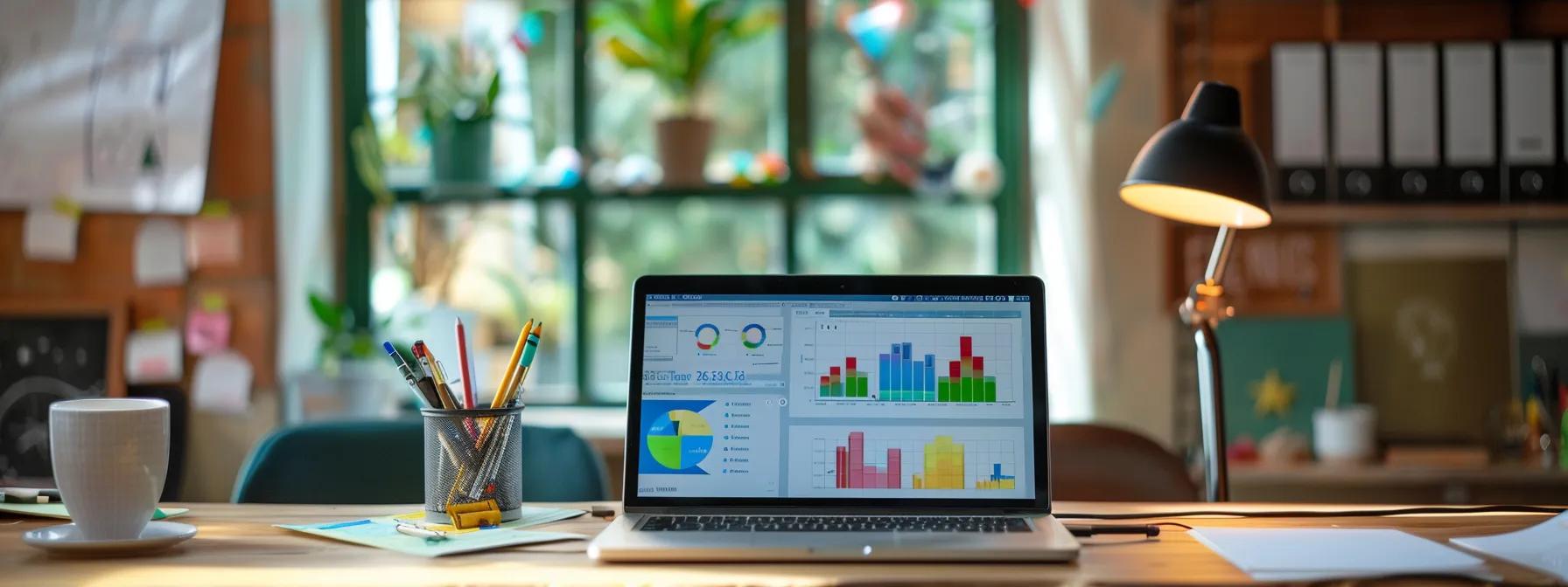 a modern office workspace features a sleek laptop displaying a vibrant comparison chart of online teaching platforms' pricing and features, surrounded by an organized array of educational materials and resources, emphasizing value for online educators.