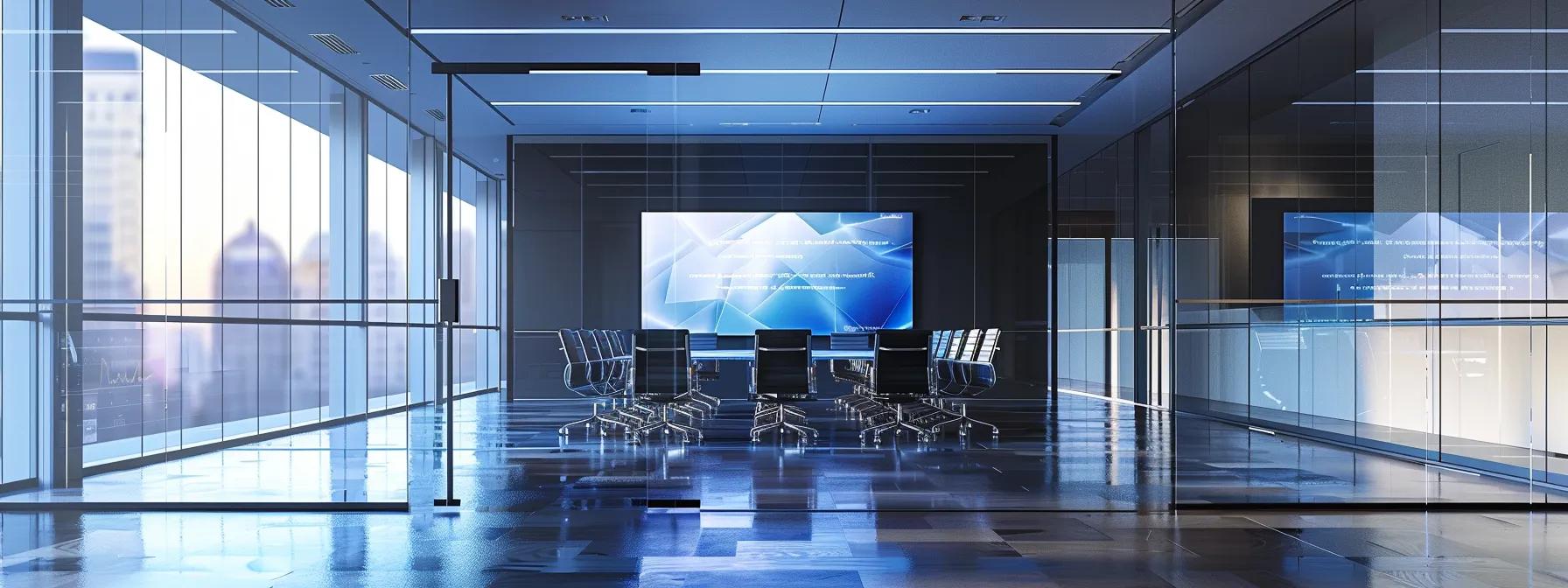 a sleek, modern conference room filled with advanced video conferencing equipment displays a struggling teleconference screen with choppy visuals and audio lag indicators, highlighting the challenges of remote communication in a professional setting.