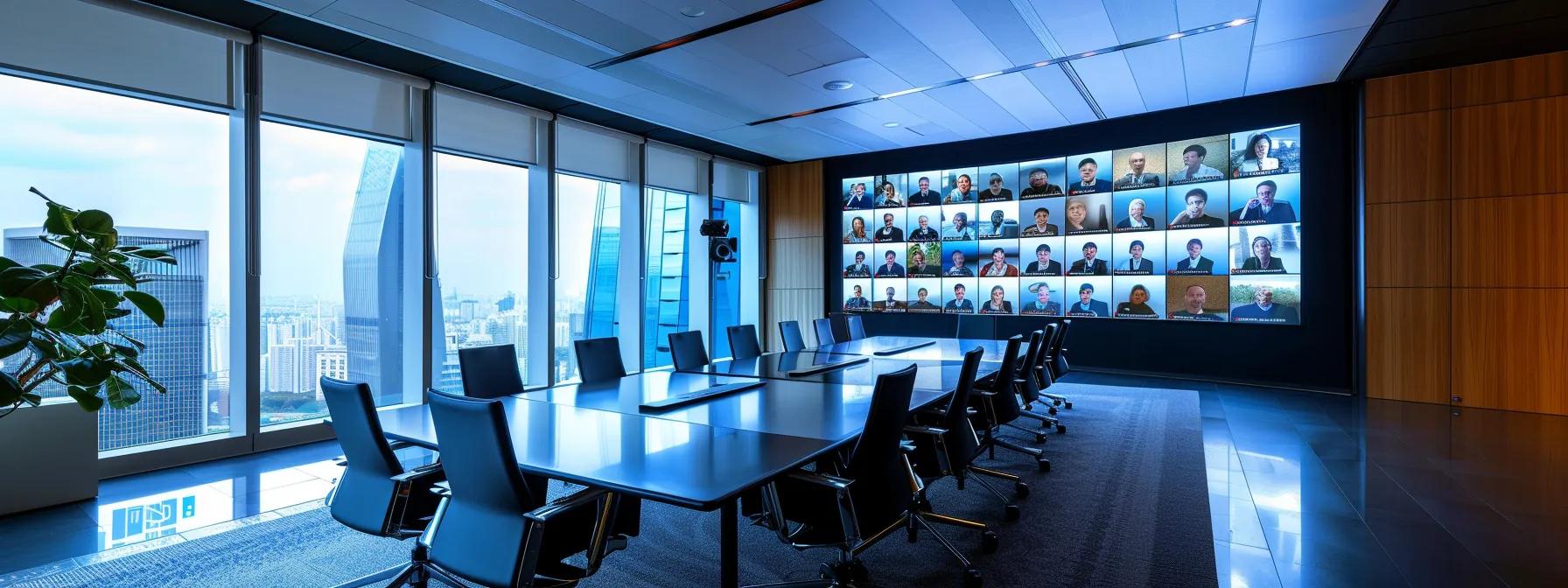 a sleek, modern conference room with a large screen displaying a grid of video call participants, capturing the integration of advanced technology in contemporary business communication.