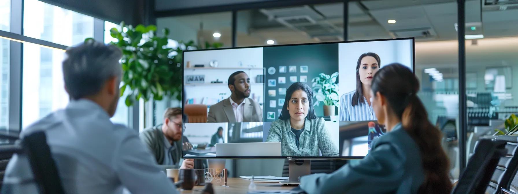 a sleek, modern office setting captures a professional conducting a video conference, surrounded by high-tech equipment and a large screen displaying engaged participants, emphasizing the importance of optimizing the teleconference experience.