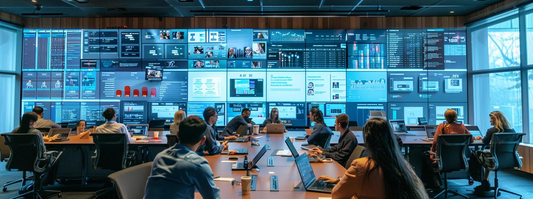 a sleek, modern office environment showcases a diverse group of professionals engaged in a dynamic discussion around a large table, with laptops open displaying various online classroom software pricing models on the screens, emphasizing the critical evaluation of features and costs in digital education.