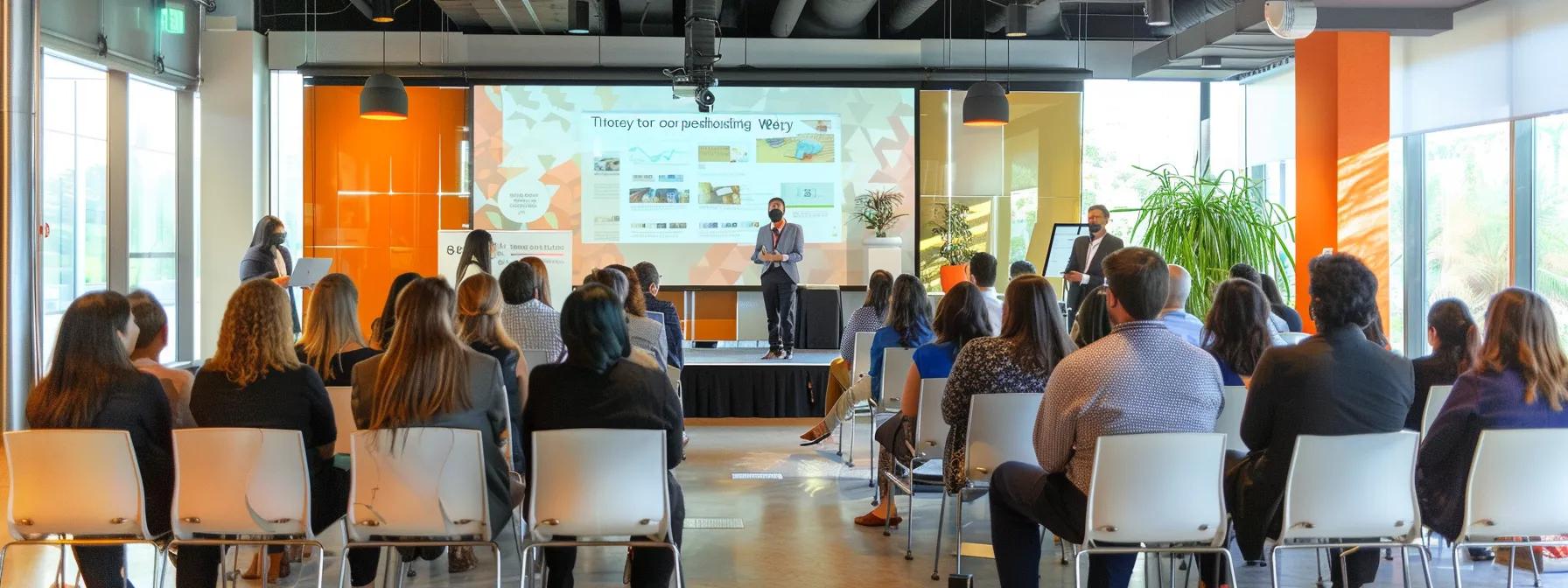 a vibrant panel presentation in a sleek, modern conference room, featuring dynamic speakers engaging a captivated audience with a digital screen showcasing innovative ideas and real-world case studies.