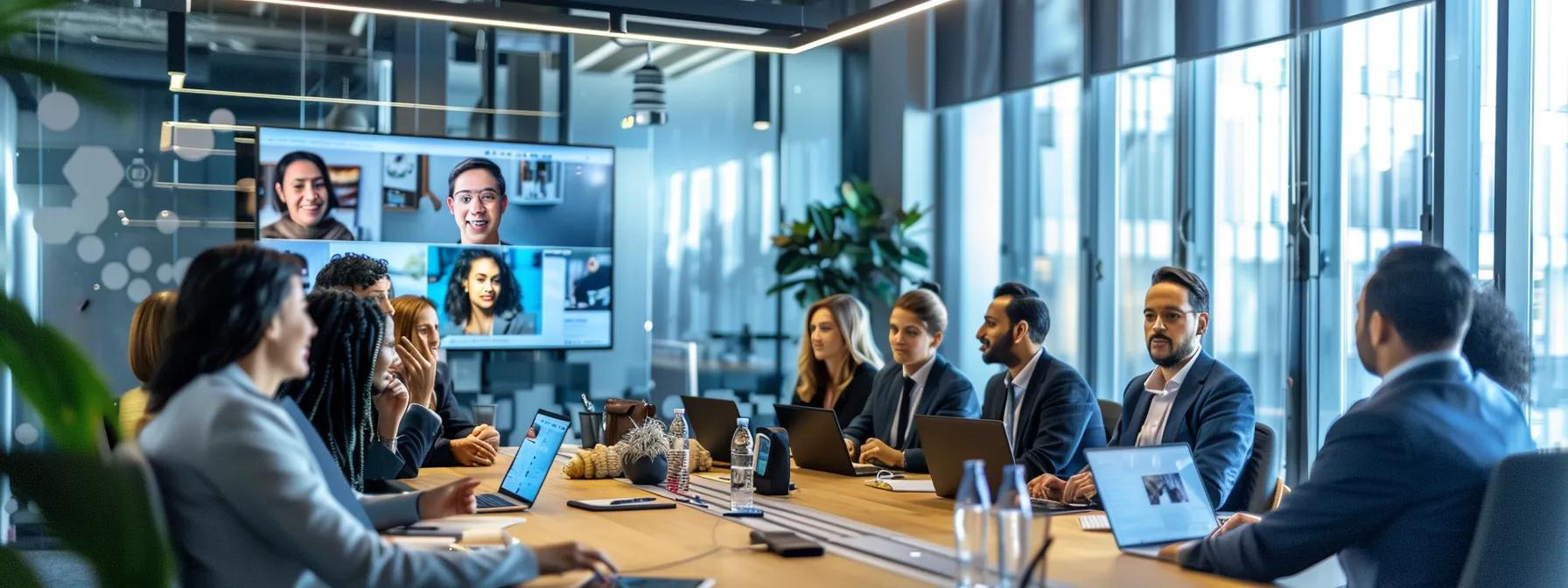 a vibrant virtual meeting room filled with diverse team members actively engaging through video conferencing on sleek laptops, illuminated by modern office lighting that highlights their collaborative spirit.