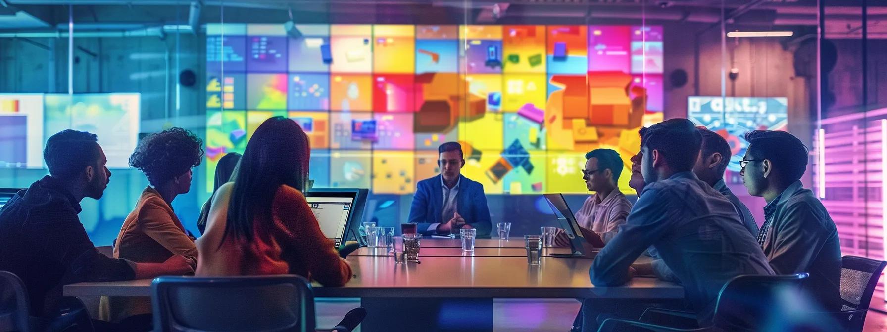 a vibrant virtual team meeting scene showcases diverse professionals engaged in a lively online game, with colorful visual elements on their screens reflecting teamwork and collaboration amidst their modern office backgrounds.