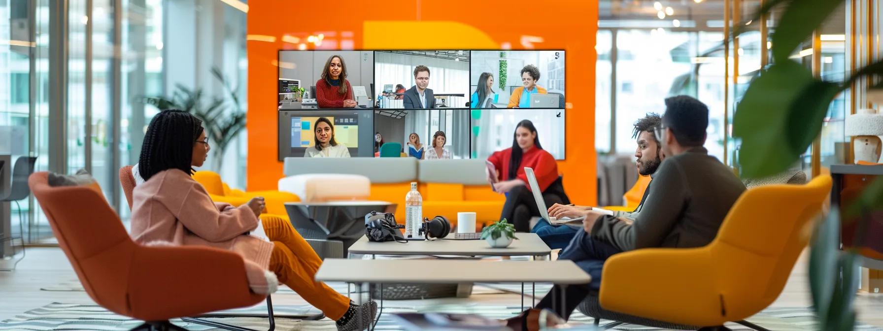 a vibrant virtual team-building session unfolds in a sleek, modern office environment, where diverse colleagues engage enthusiastically through a digital platform, capturing the essence of connection and collaboration across distances.