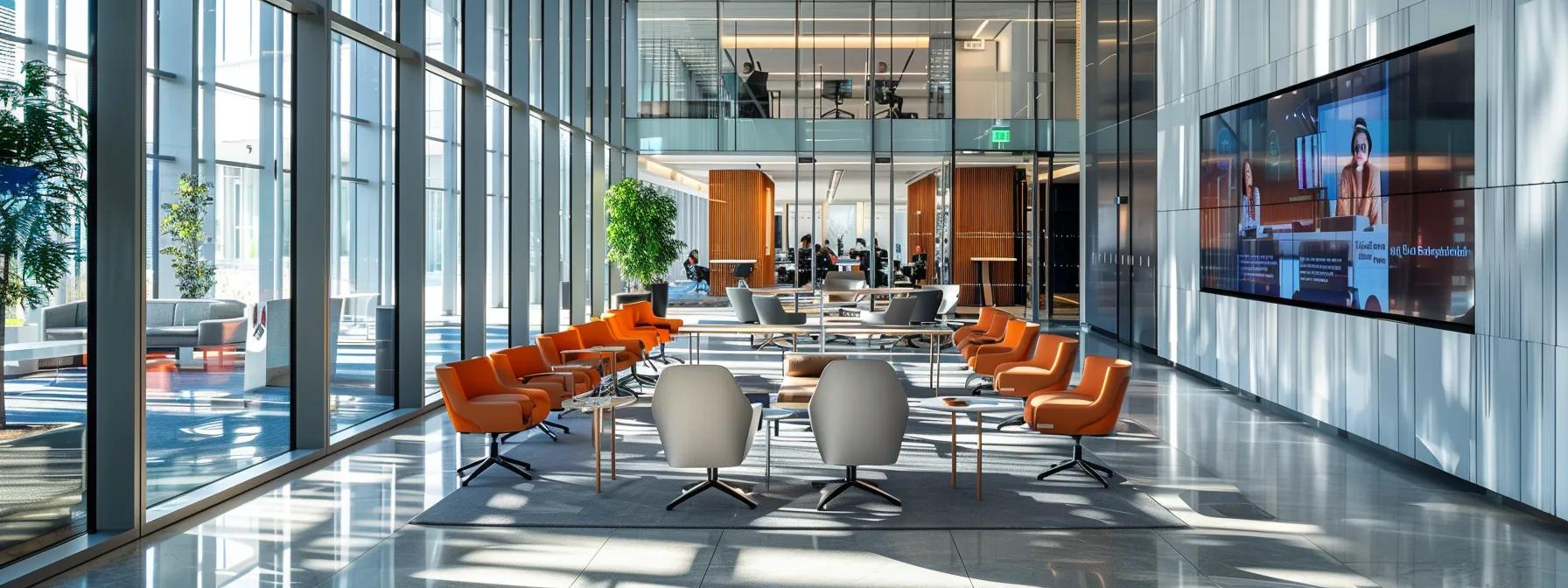 an ultra-modern office setting features a large screen displaying a vibrant, seamless teleconference with diverse participants, highlighting the advanced technology and dynamic engagement of remote collaboration.