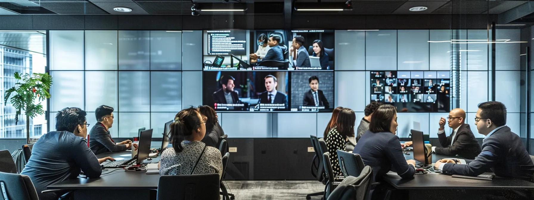 a sleek high-tech office environment showcases a diverse group of professionals engaged in a video conferencing session with secure communication tools on large digital screens, exuding a sense of innovation and collaboration.