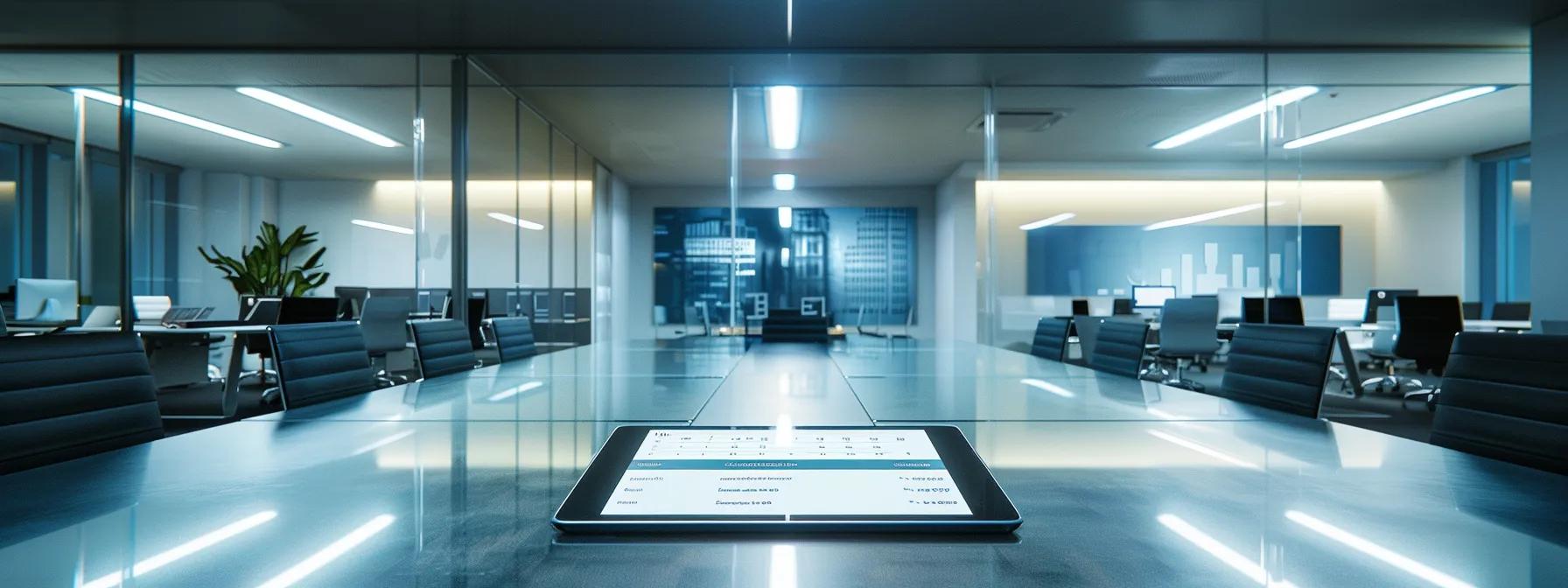 a sleek, modern office workspace with a vibrant digital tablet displaying a pricing comparison between a $5 latte and a $3.99 meeting platform, illuminated by sharp overhead lighting that emphasizes a focus on cost analysis.