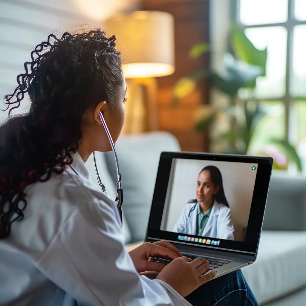 Healthcare professional conducting a secure video consultation in a cozy home office