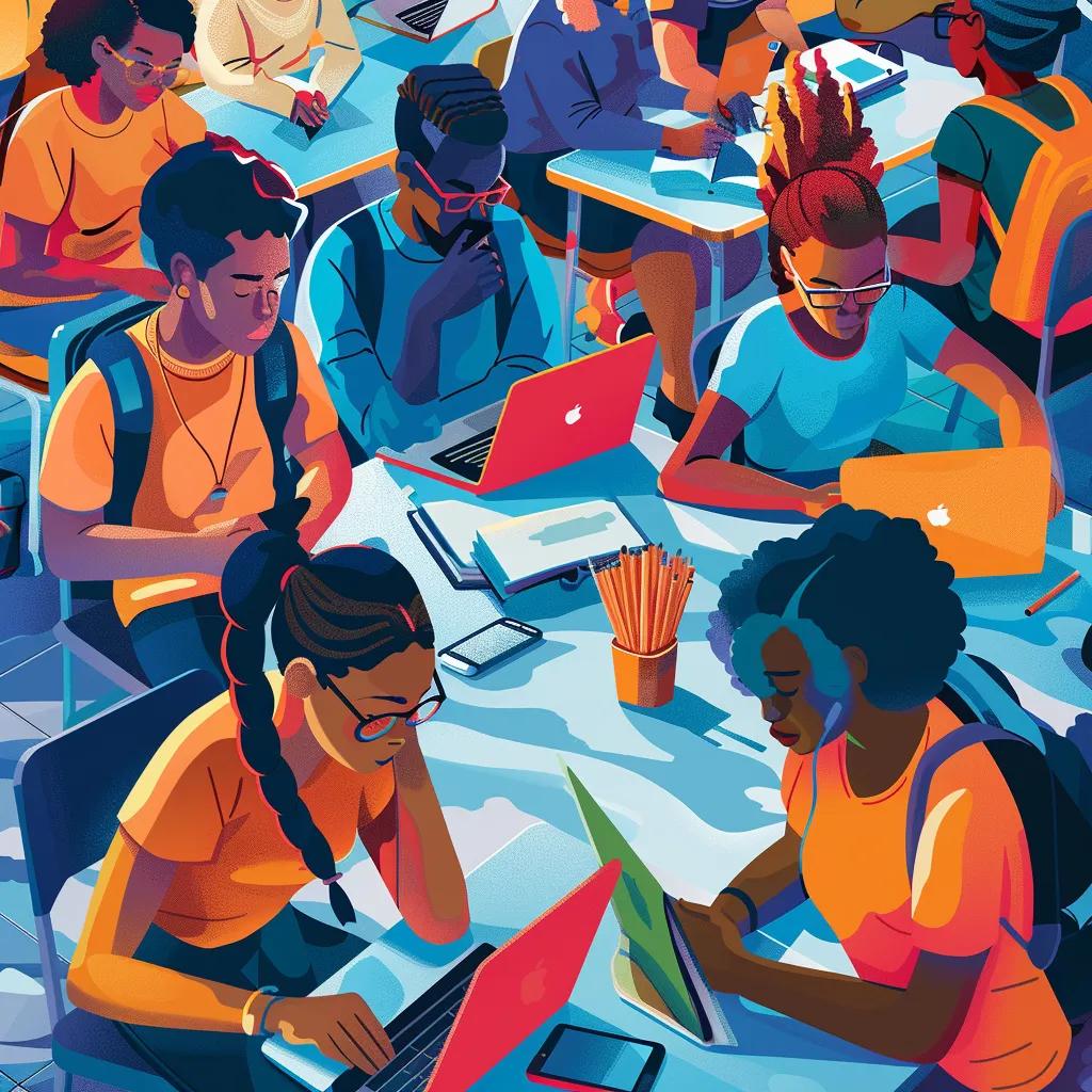 Students engaged in browser-based learning with laptops and tablets in a modern classroom
