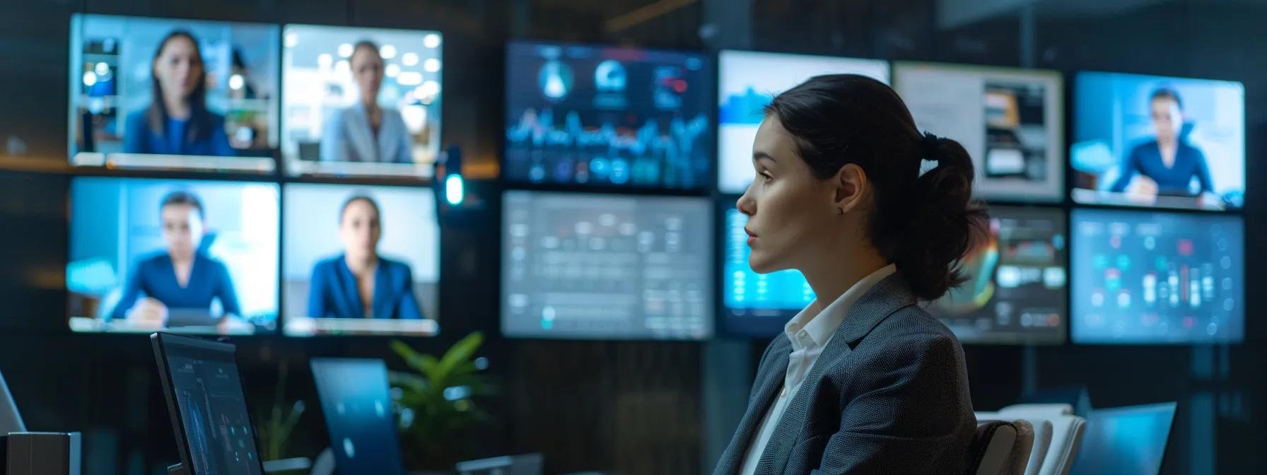 a sleek, modern office conference room features multiple screens displaying various video conferencing platforms, each interface highlighted with vibrant colors, while a thoughtful professional compares features on a digital tablet in the foreground.
