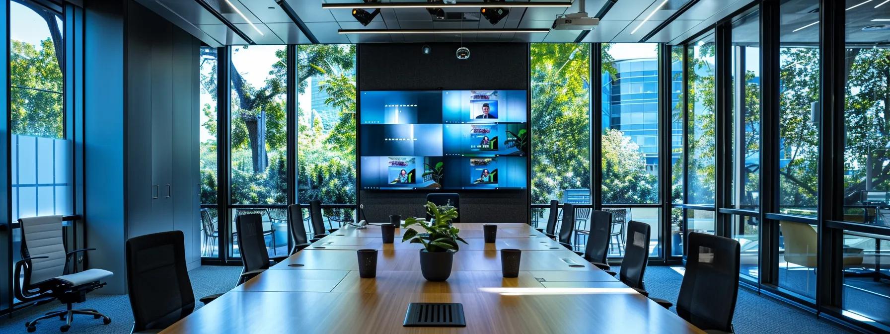 a sleek, modern office conference room features a high-tech video conferencing setup, with vibrant screens displaying clear, engaging visuals of remote participants, contrasting against a backdrop of an untouched cup of artisanal coffee on a polished table, highlighting the theme of value perception in professional interactions.