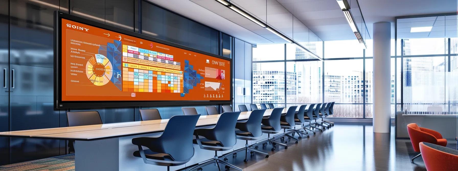 a sleek, modern office environment showcases a large monitor displaying the aonmeetings browser-based platform interface, illuminated by vibrant digital graphics, conveying a sense of innovation and connectivity.