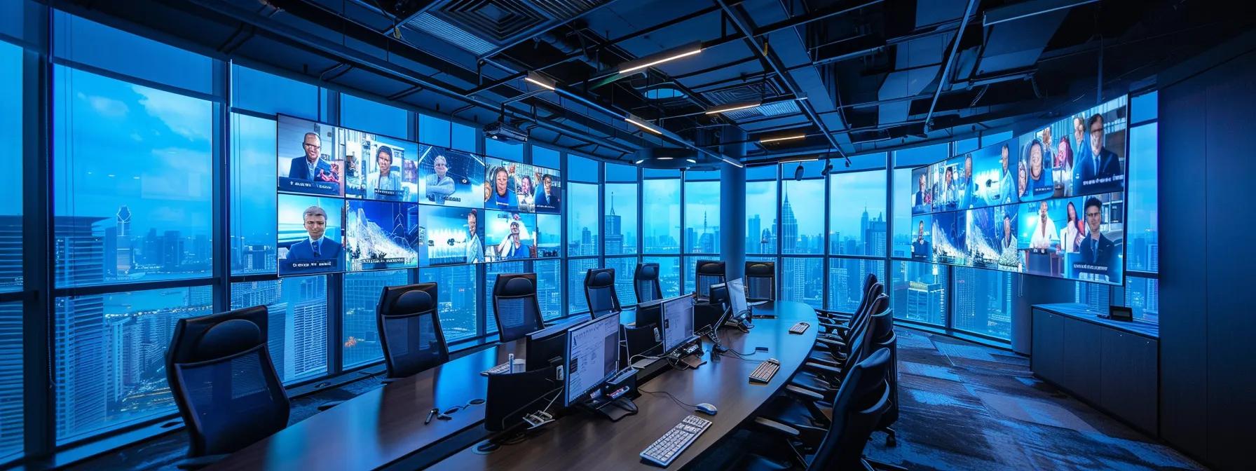 a dynamic office setting showcases a sleek, futuristic video conferencing setup with multiple large screens displaying engaged participants, vibrant digital interfaces, and soft, focused lighting that emphasizes collaboration and connectivity.