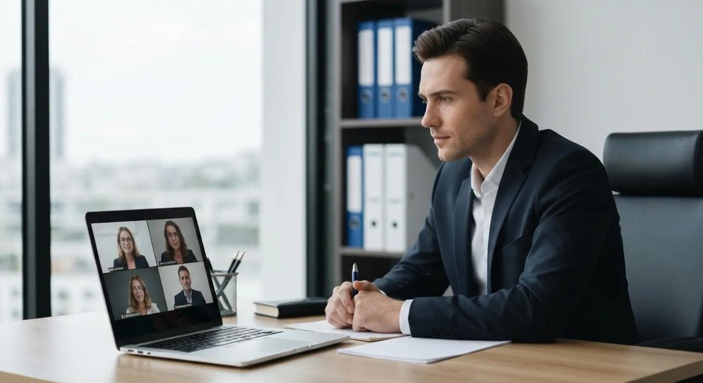 Attorney engaged in a secure video conference, emphasizing confidentiality and professionalism